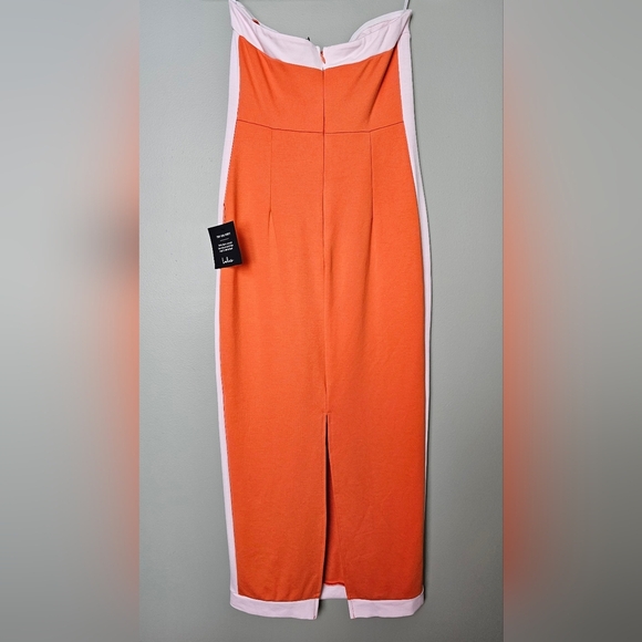 Lulus Impressive Edge Orange Color Block Strapless Midi Dress, Size Medium - Picture 8 of 11